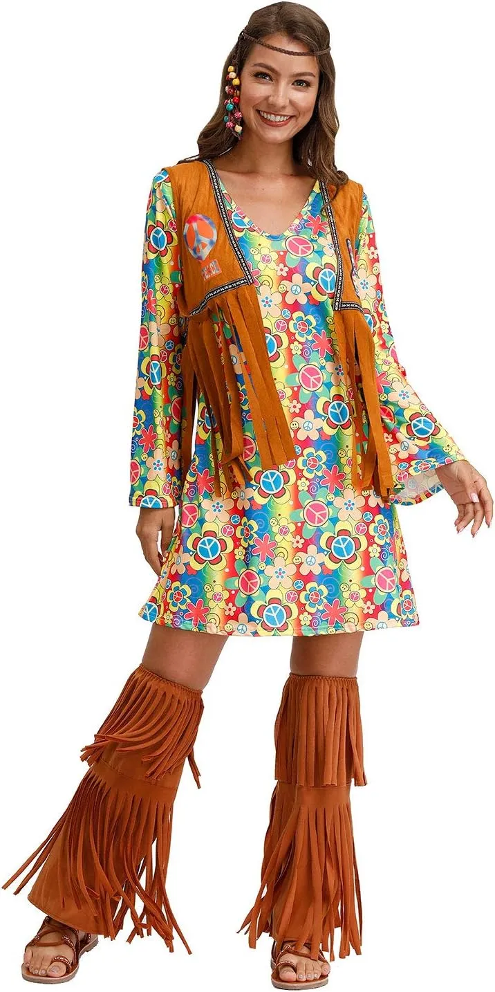 For G and PL Women's Halloween Floral 1960's 1970's Hippie Costume Dress