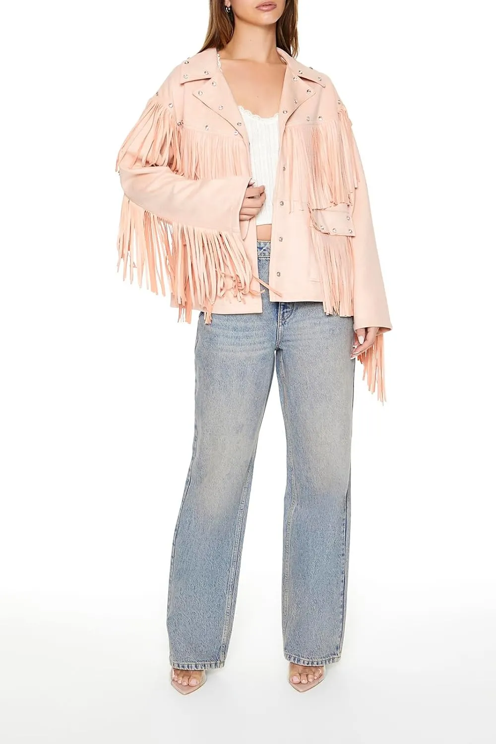 Forever 21 Women's Fringe Faux Suede & Gem Jacket