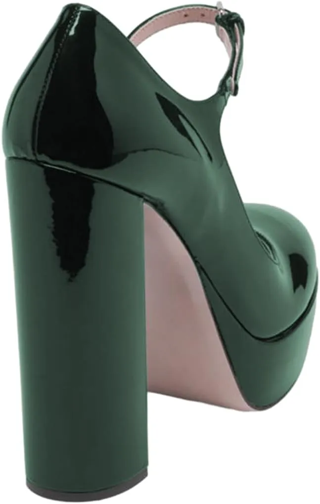 FOWT Women Black Round Toe High Chunky Heel Platform Pumps Adjustable Thin Mary-Jane Strap with Sliver Buckle Heels Trendy Solid Colour Patent Leather Shoes for Ladies Party School Office 4-16 US Size