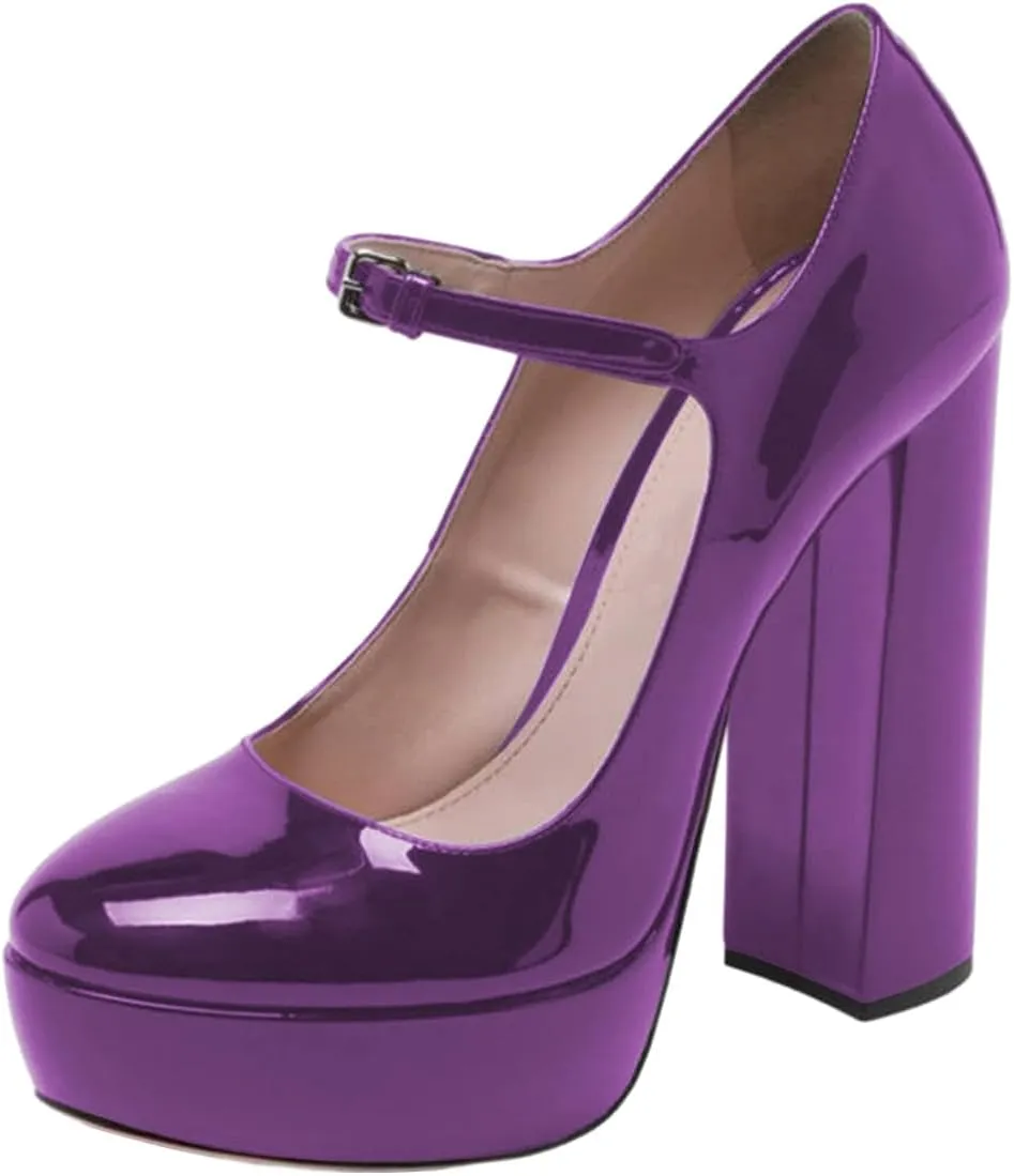 FOWT Women Black Round Toe High Chunky Heel Platform Pumps Adjustable Thin Mary-Jane Strap with Sliver Buckle Heels Trendy Solid Colour Patent Leather Shoes for Ladies Party School Office 4-16 US Size