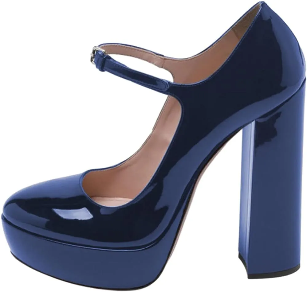 FOWT Women Black Round Toe High Chunky Heel Platform Pumps Adjustable Thin Mary-Jane Strap with Sliver Buckle Heels Trendy Solid Colour Patent Leather Shoes for Ladies Party School Office 4-16 US Size