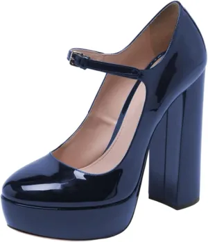 FOWT Women Black Round Toe High Chunky Heel Platform Pumps Adjustable Thin Mary-Jane Strap with Sliver Buckle Heels Trendy Solid Colour Patent Leather Shoes for Ladies Party School Office 4-16 US Size