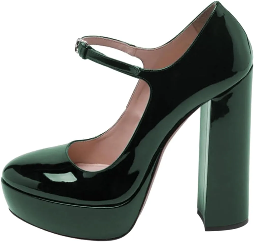 FOWT Women Black Round Toe High Chunky Heel Platform Pumps Adjustable Thin Mary-Jane Strap with Sliver Buckle Heels Trendy Solid Colour Patent Leather Shoes for Ladies Party School Office 4-16 US Size