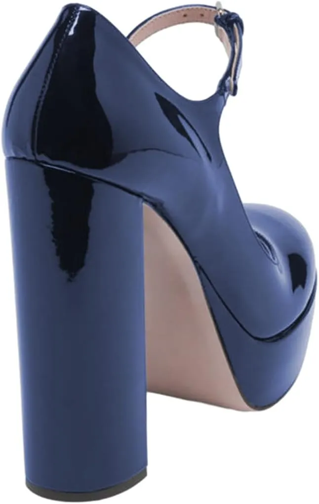 FOWT Women Black Round Toe High Chunky Heel Platform Pumps Adjustable Thin Mary-Jane Strap with Sliver Buckle Heels Trendy Solid Colour Patent Leather Shoes for Ladies Party School Office 4-16 US Size