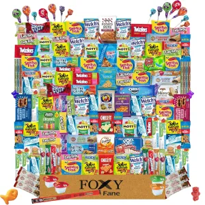 Foxy Fane 150 count Deluxe Snack Box - Ultimate Gift Care Package with Variety Assortment of Crackers, Cookies, Candy, Chips & other Snacks - Bulk Bundle of Delicious Treats (150 Snacks)