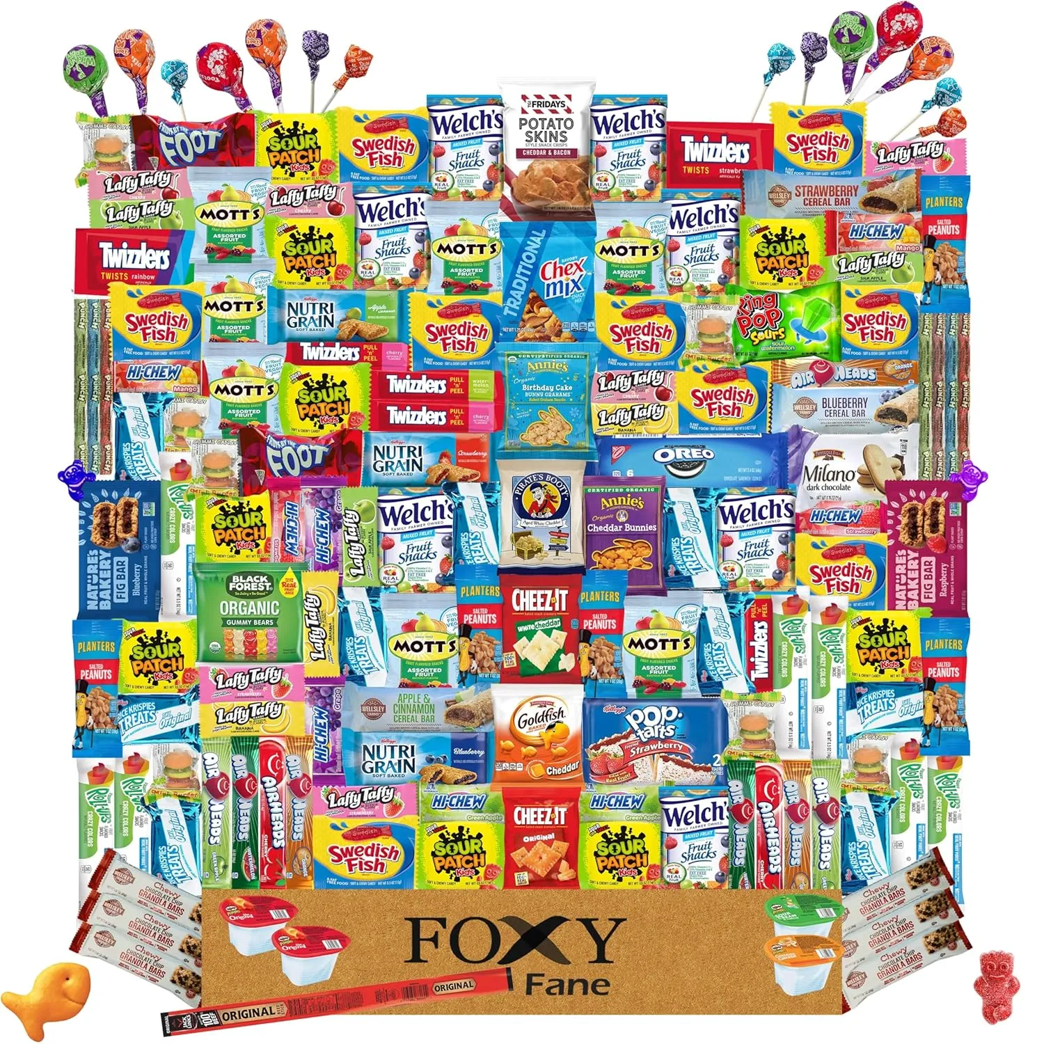 Foxy Fane 150 count Deluxe Snack Box - Ultimate Gift Care Package with Variety Assortment of Crackers, Cookies, Candy, Chips & other Snacks - Bulk Bundle of Delicious Treats (150 Snacks)