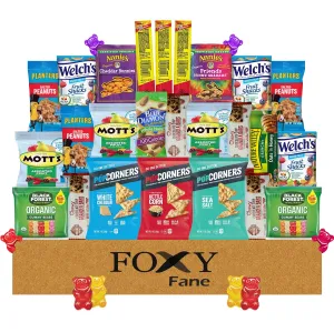Foxy Fane 25 count Healthy Snack Box - Premium Holiday, Christmas & New Year Gift Care Package with Variety of Nuts, Crackers, Bars & more - Bulk Bundle of Delicious Treats (Variety Pack of 25 Snacks)