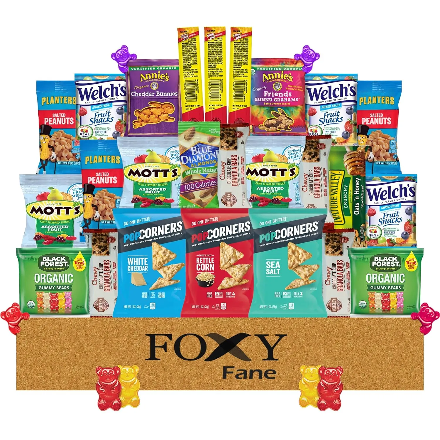 Foxy Fane 25 count Healthy Snack Box - Premium Holiday, Christmas & New Year Gift Care Package with Variety of Nuts, Crackers, Bars & more - Bulk Bundle of Delicious Treats (Variety Pack of 25 Snacks)