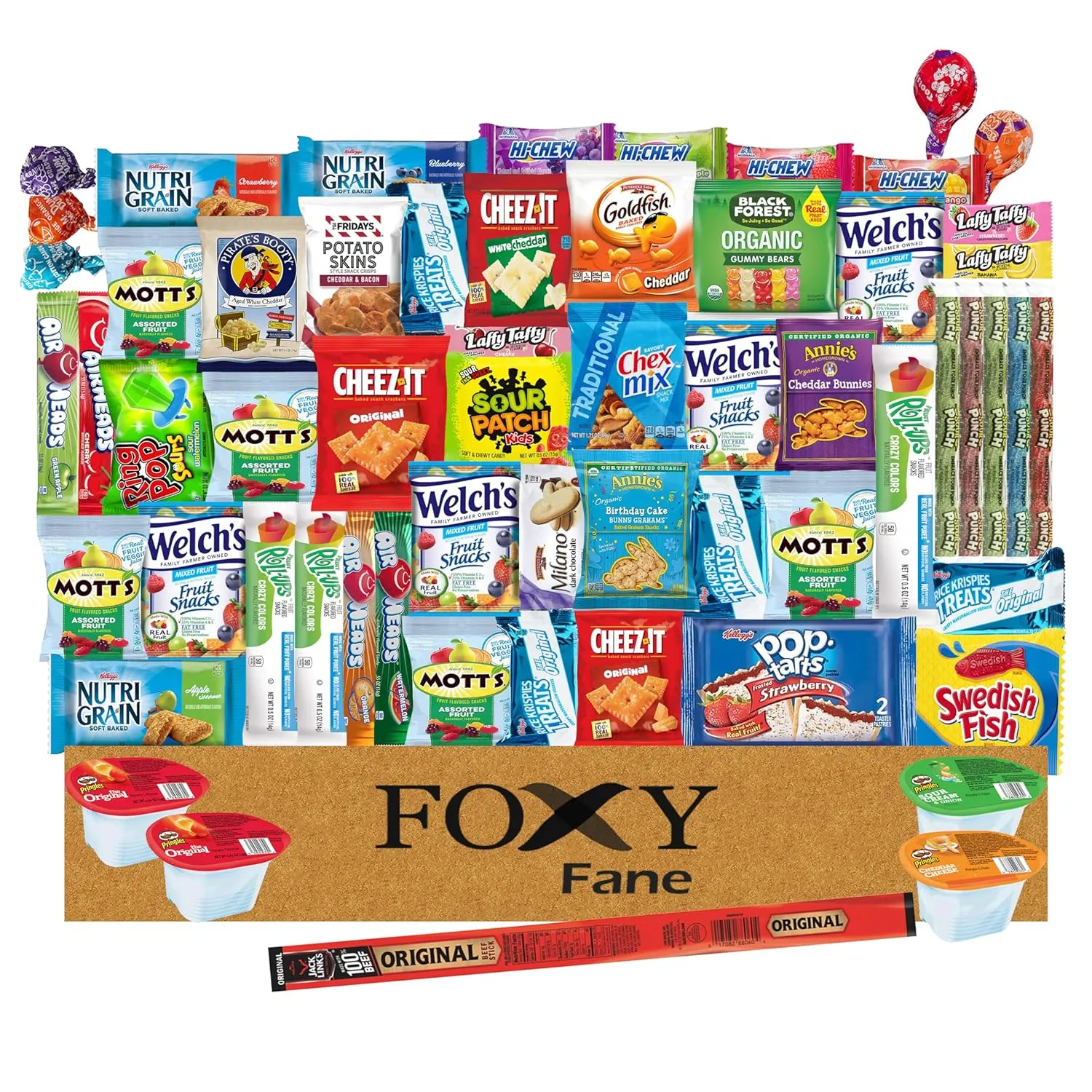 Foxy Fane 60 count Snack Box - Ultimate Gift Care Package with Variety Assortment of Crackers, Cookies, Candy, Chips & other Snacks - Bulk Bundle of Delicious Treats (60 Snacks - Variety Pack)