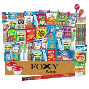 Foxy Fane 60 count Snack Box - Ultimate Gift Care Package with Variety Assortment of Crackers, Cookies, Candy, Chips & other Snacks - Bulk Bundle of Delicious Treats (60 Snacks - Variety Pack)