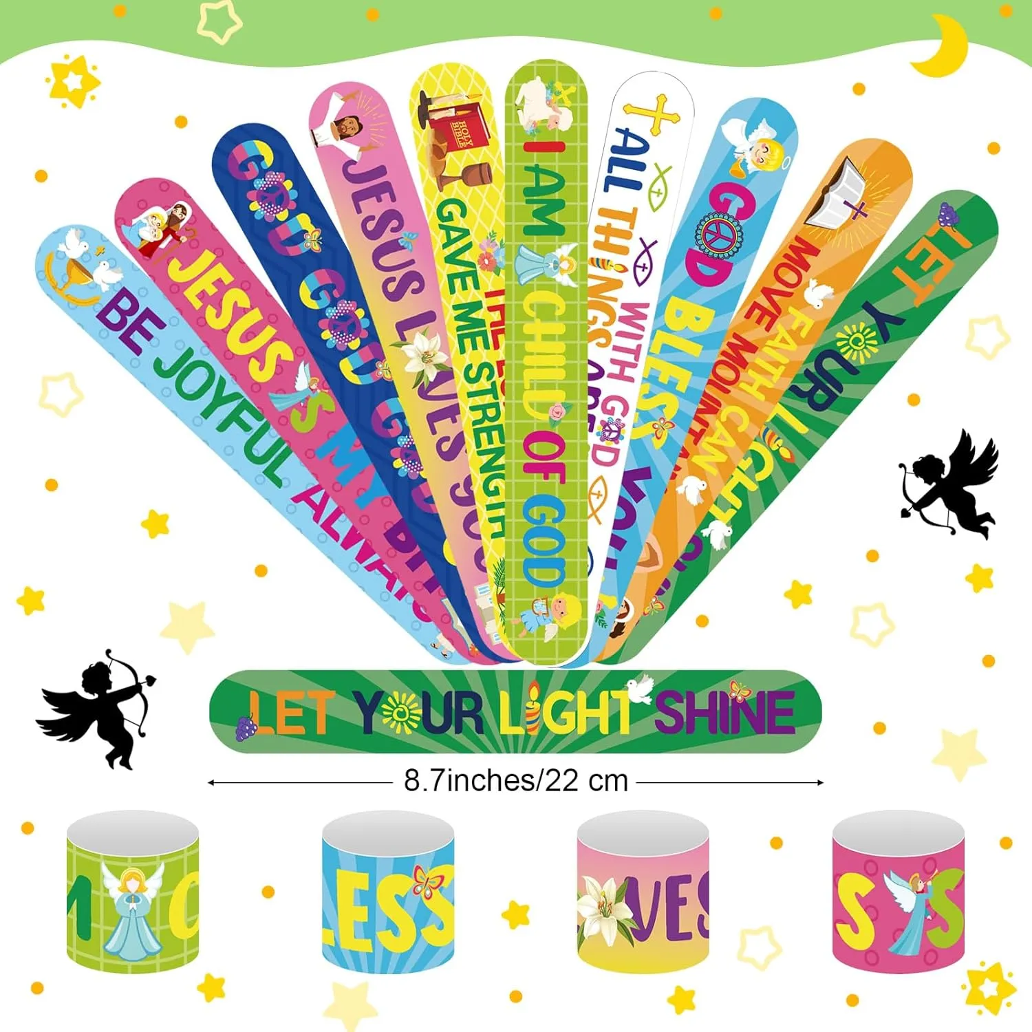 Frienda 20 Pcs Bible Verse Party Favors Includes Jesus Loves You Drawstring Backpack Bags with Christian Slap Bracelets for Easter Religious Gifts Sunday School Classroom Prizes Supplies(Classic)