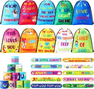 Frienda 20 Pcs Bible Verse Party Favors Includes Jesus Loves You Drawstring Backpack Bags with Christian Slap Bracelets for Easter Religious Gifts Sunday School Classroom Prizes Supplies(Classic)