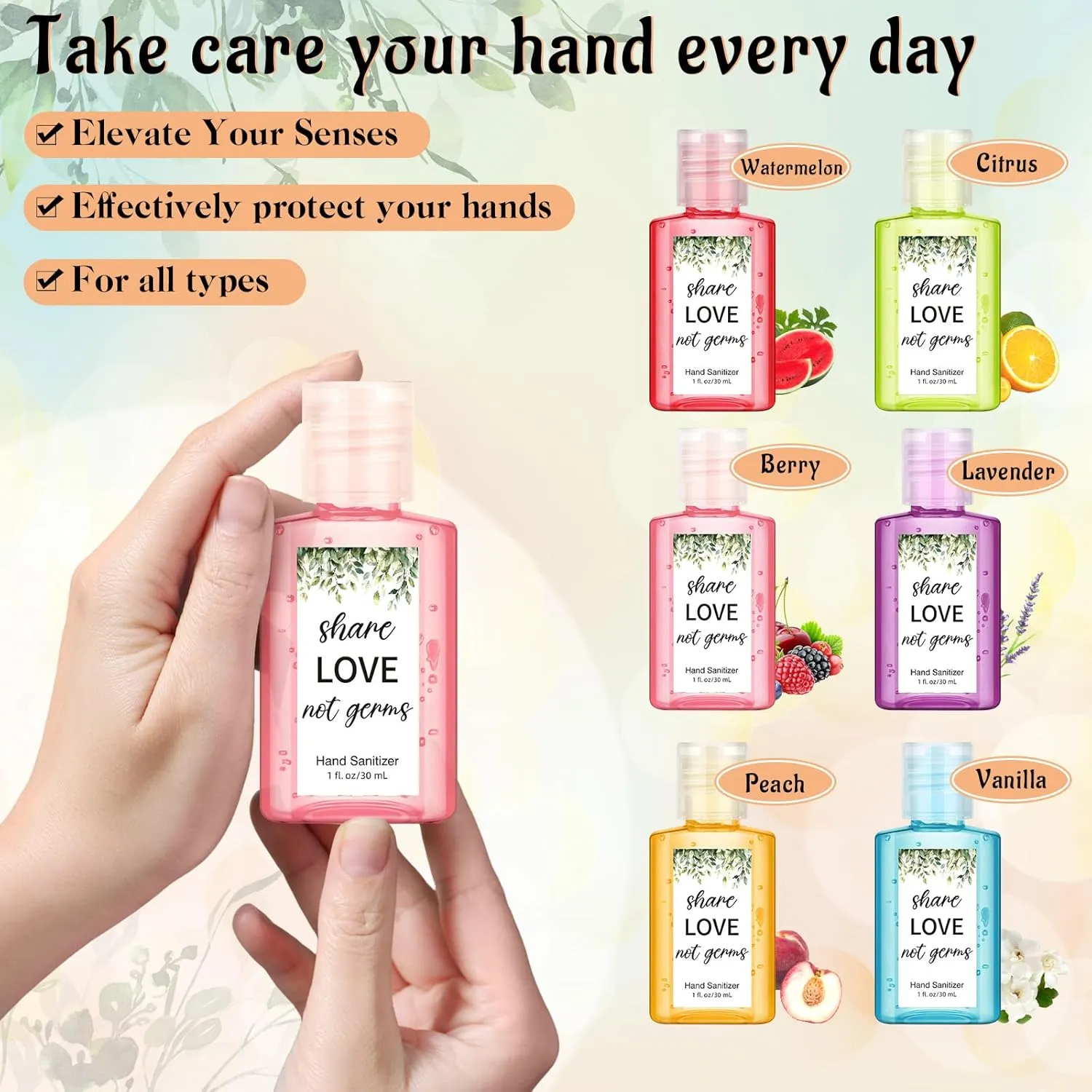 Frienda 24 Packs Share Love Not Germs Mini Hand Sanitizer Bulk Bridal Shower Travel Size 1fl oz Scented Hand Sanitizer Assorted Scents Thank You Gifts for Guest Baby Shower Wedding Party Favors
