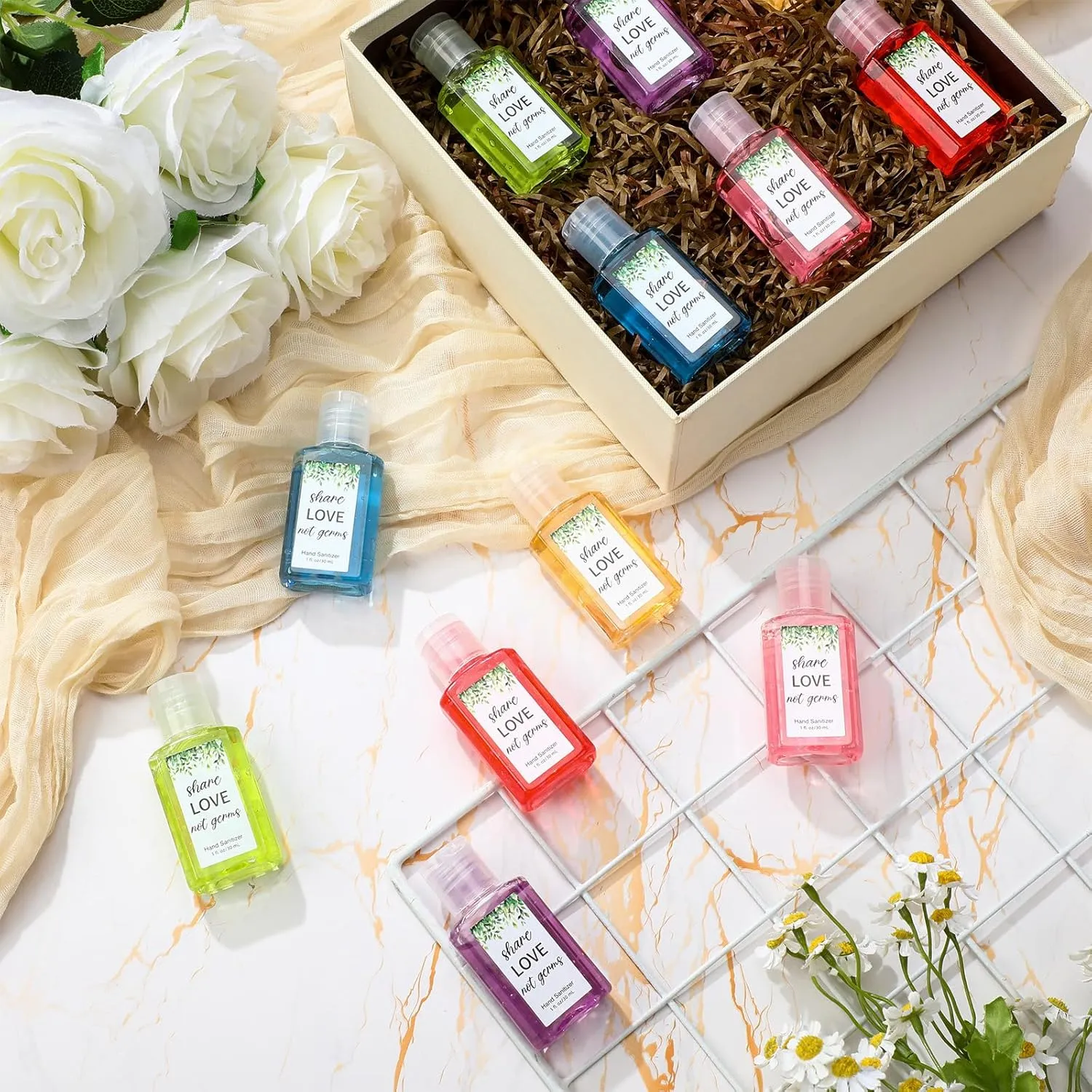 Frienda 24 Packs Share Love Not Germs Mini Hand Sanitizer Bulk Bridal Shower Travel Size 1fl oz Scented Hand Sanitizer Assorted Scents Thank You Gifts for Guest Baby Shower Wedding Party Favors