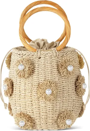 Frienda Summer Straw Bags for Women - Beach Drawstring Straw Bucket Tote Pearl Flower Diamond Rattan Handbag