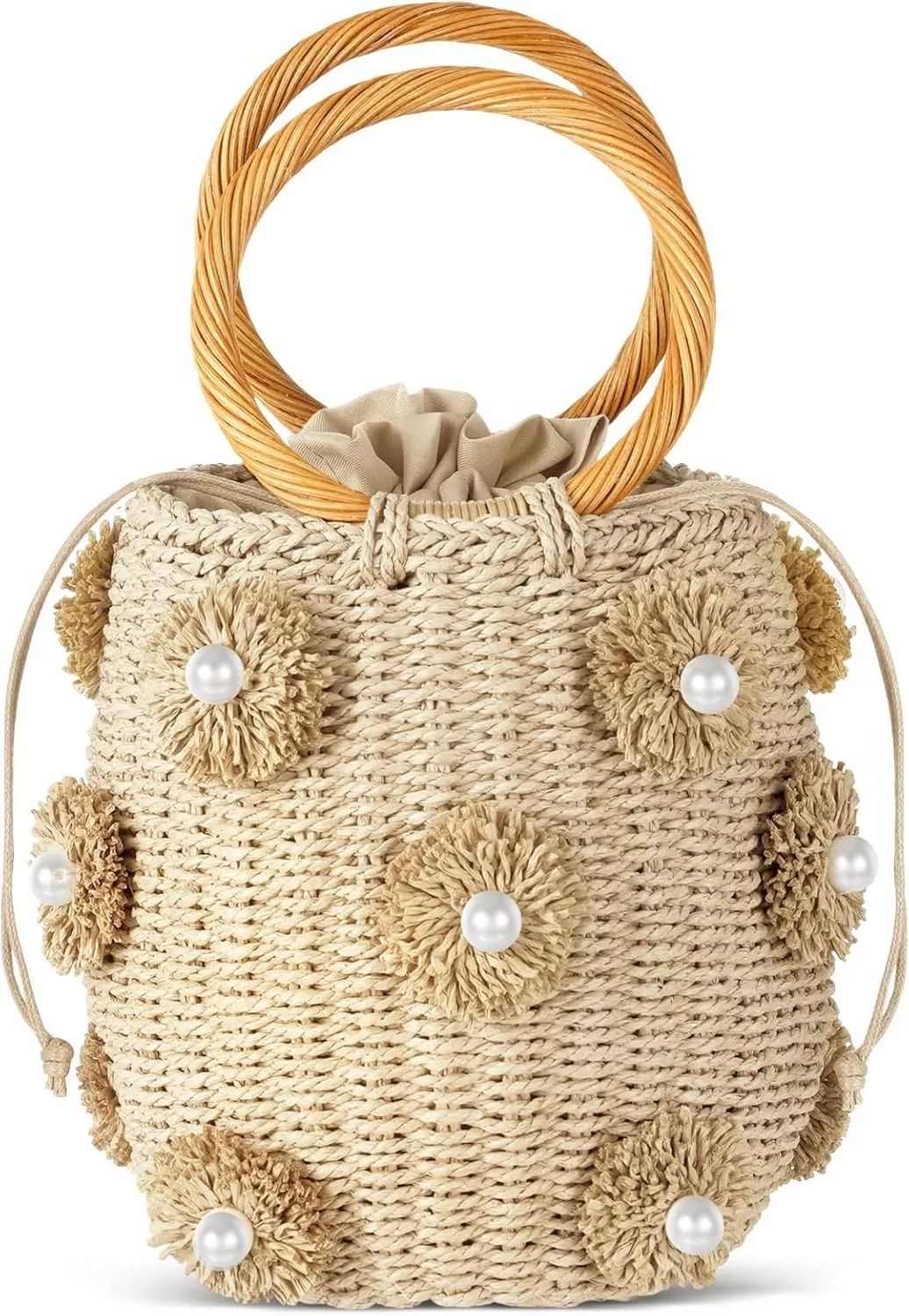 Frienda Summer Straw Bags for Women - Beach Drawstring Straw Bucket Tote Pearl Flower Diamond Rattan Handbag