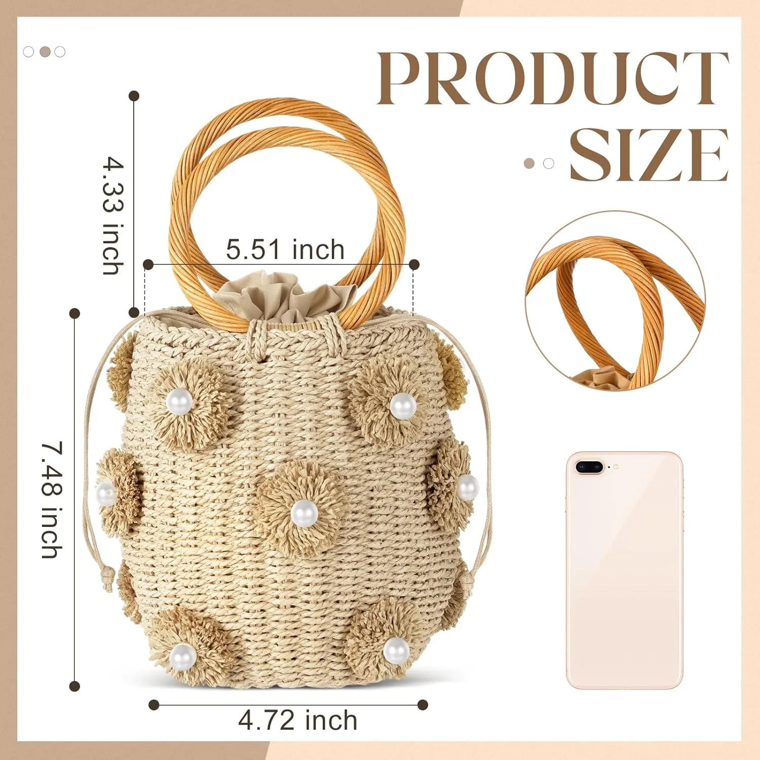 Frienda Summer Straw Bags for Women - Beach Drawstring Straw Bucket Tote Pearl Flower Diamond Rattan Handbag