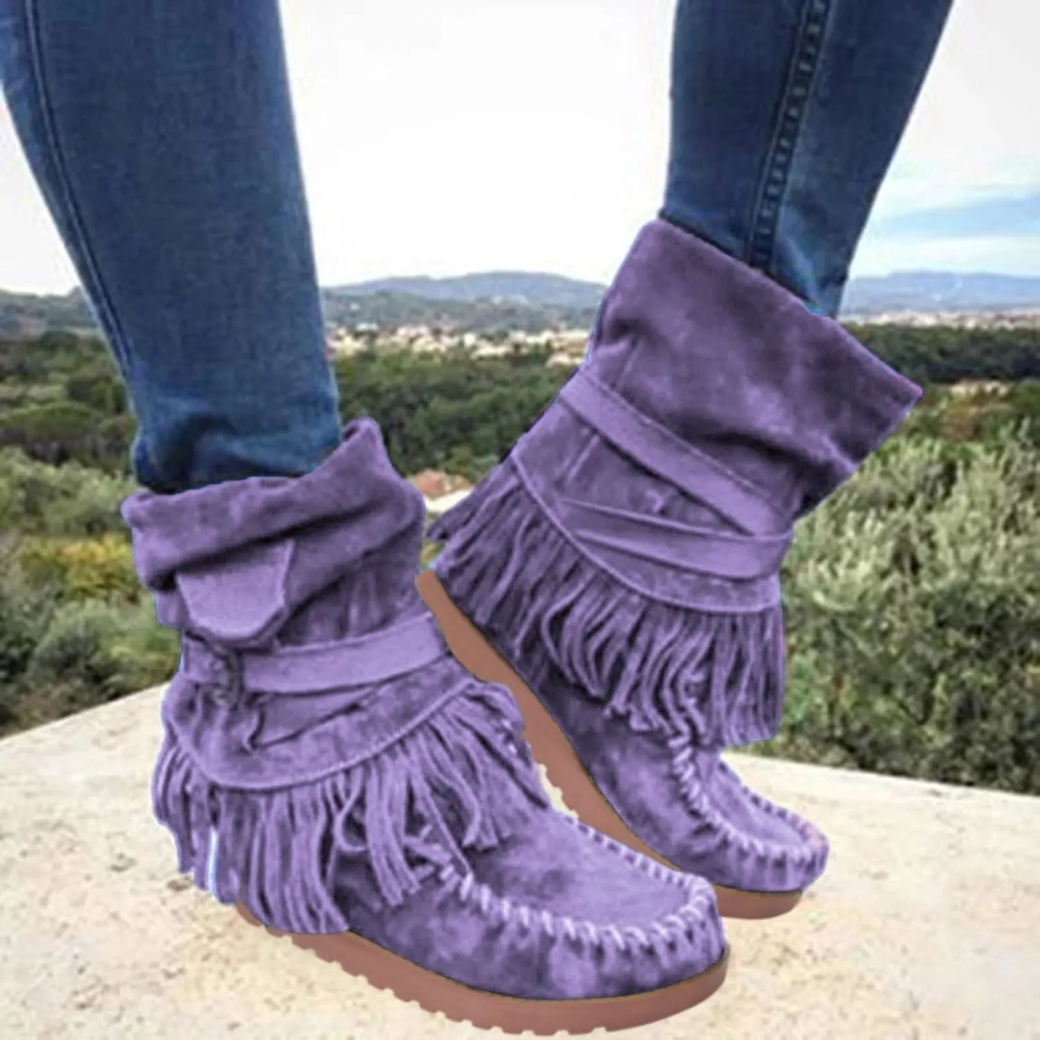 Fringe Cowboy Boots For Women Suede Ankle Boots Moccasin Boots Low Heel Slouch Boots Comfy Flat Western Shoes