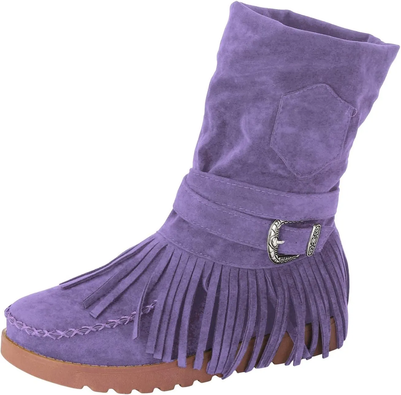 Fringe Cowboy Boots For Women Suede Ankle Boots Moccasin Boots Low Heel Slouch Boots Comfy Flat Western Shoes