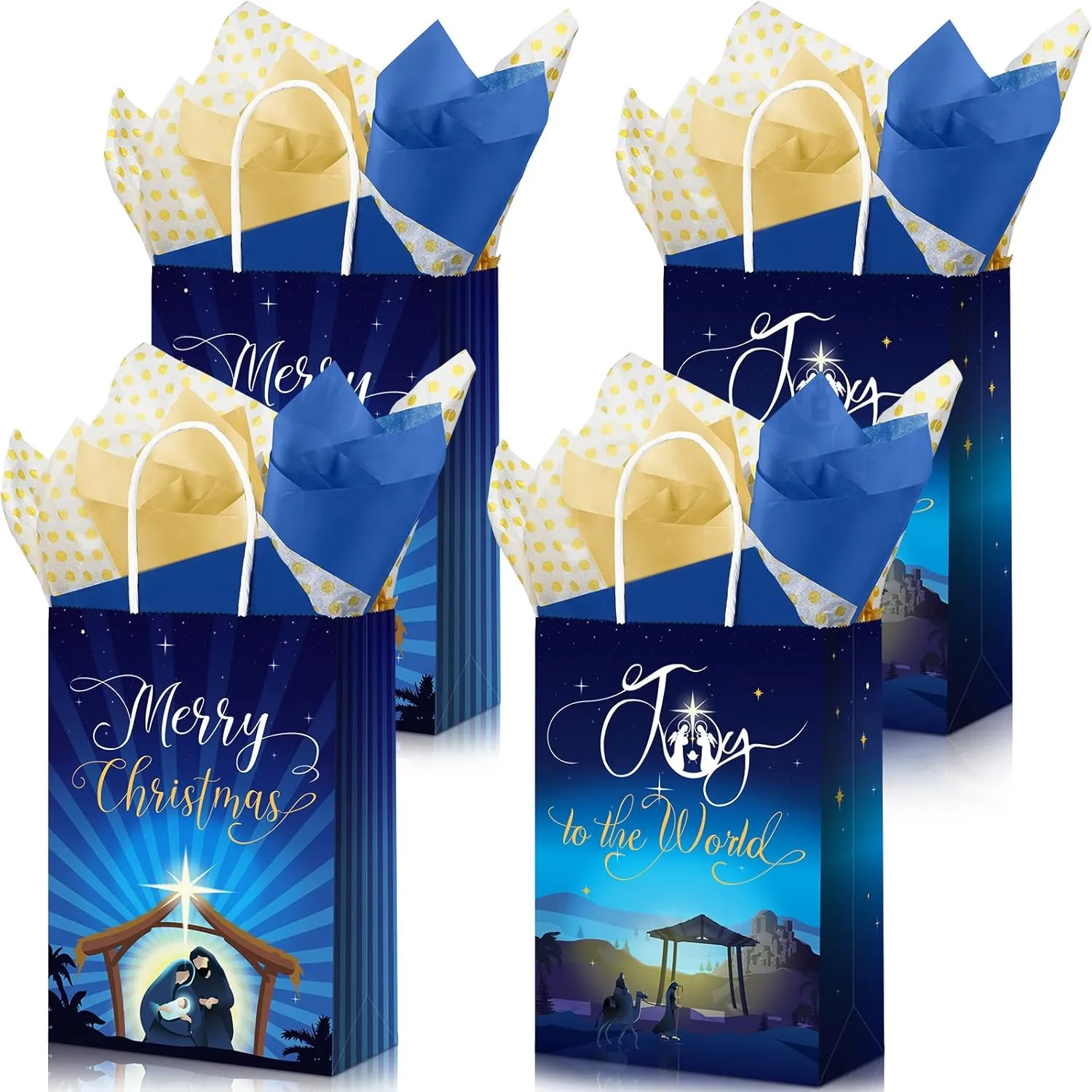 Funrous 65 Pcs Christmas Nativity Gift Bags Joy to the World Goodie Present Bags with Handles Merry Christmas Kraft Paper Treat Package with Tissue Paper for Holy Nativity Religious Festival Party