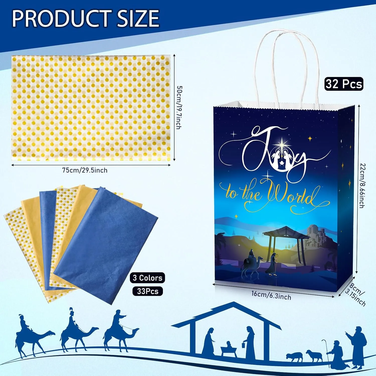 Funrous 65 Pcs Christmas Nativity Gift Bags Joy to the World Goodie Present Bags with Handles Merry Christmas Kraft Paper Treat Package with Tissue Paper for Holy Nativity Religious Festival Party