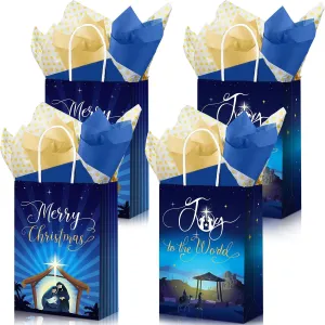 Funrous 65 Pcs Christmas Nativity Gift Bags Joy to the World Goodie Present Bags with Handles Merry Christmas Kraft Paper Treat Package with Tissue Paper for Holy Nativity Religious Festival Party
