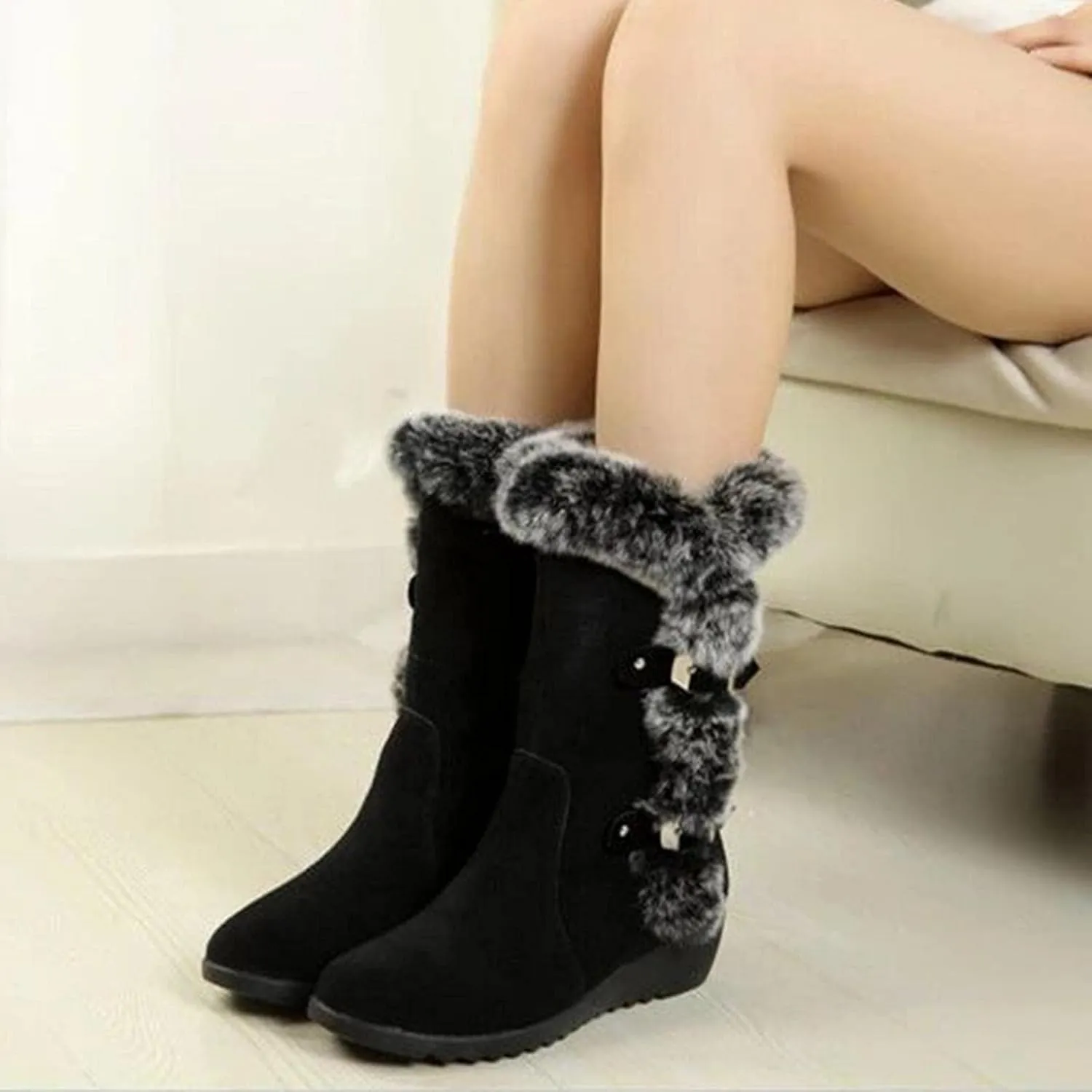 Fuzzy Winter Snow Boots For Women Ladies Fluffy Plush Fur Thermal Suede Round Toe Non Slip Wedge Platform Mid Calf Boots