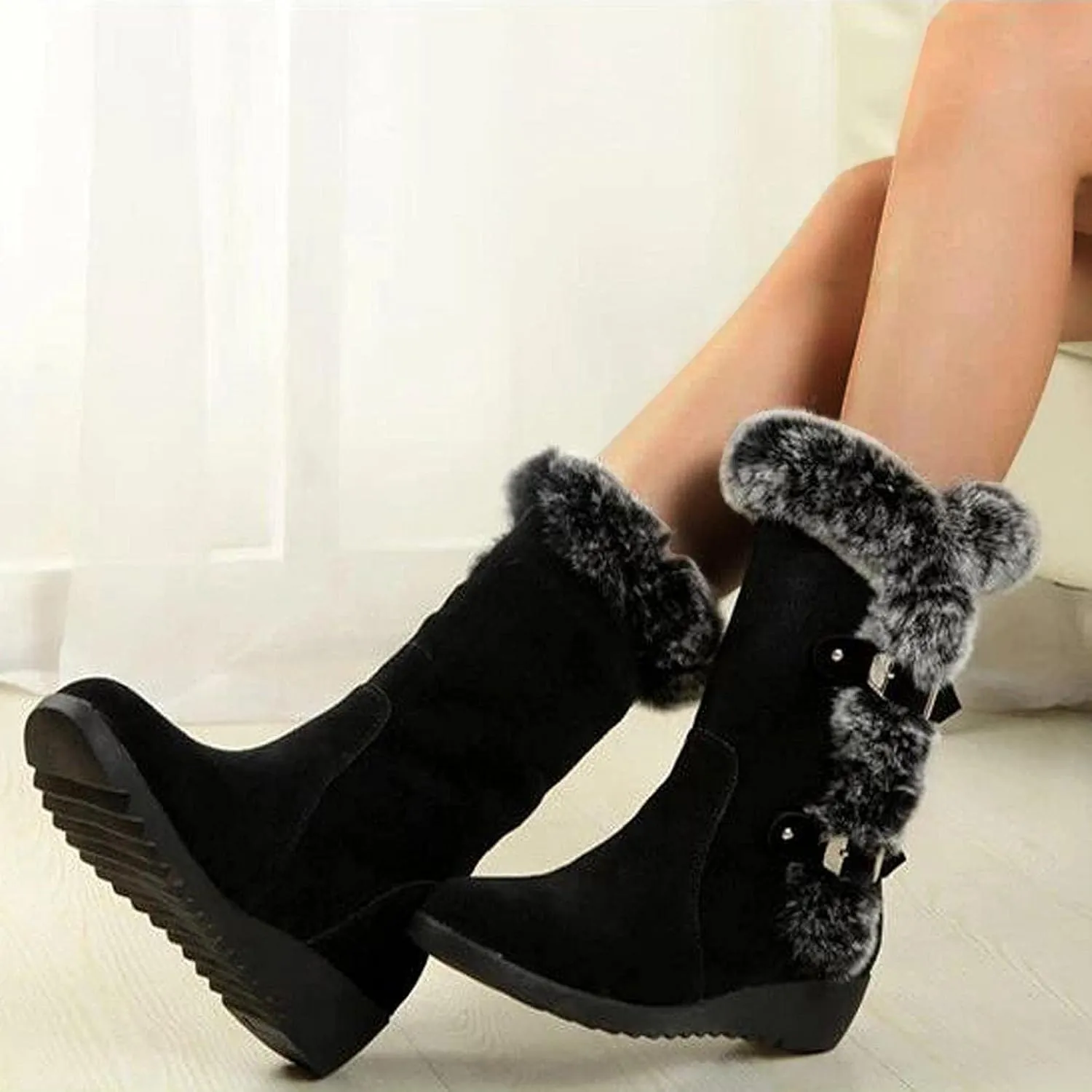Fuzzy Winter Snow Boots For Women Ladies Fluffy Plush Fur Thermal Suede Round Toe Non Slip Wedge Platform Mid Calf Boots