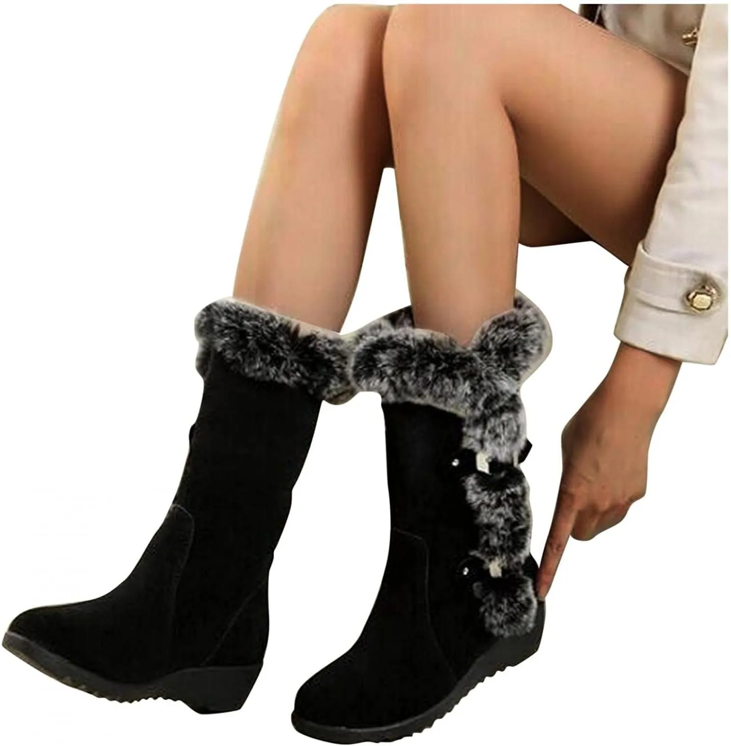 Fuzzy Winter Snow Boots For Women Ladies Fluffy Plush Fur Thermal Suede Round Toe Non Slip Wedge Platform Mid Calf Boots