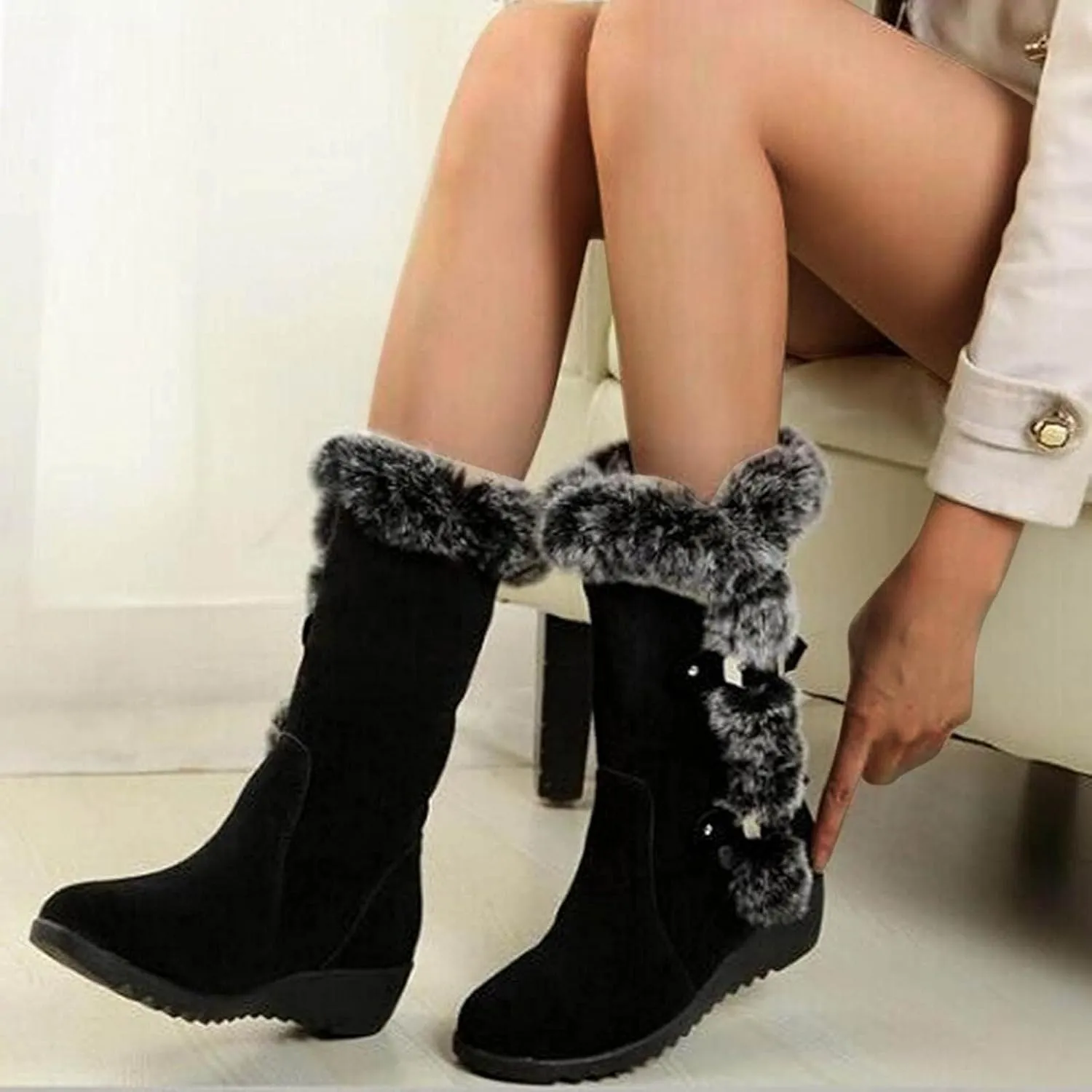 Fuzzy Winter Snow Boots For Women Ladies Fluffy Plush Fur Thermal Suede Round Toe Non Slip Wedge Platform Mid Calf Boots