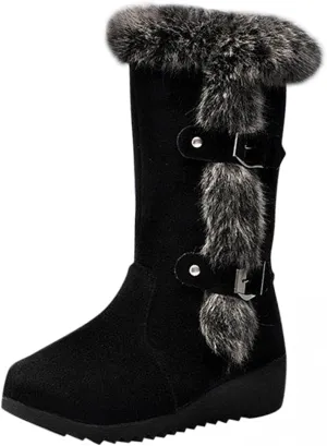 Fuzzy Winter Snow Boots For Women Ladies Fluffy Plush Fur Thermal Suede Round Toe Non Slip Wedge Platform Mid Calf Boots