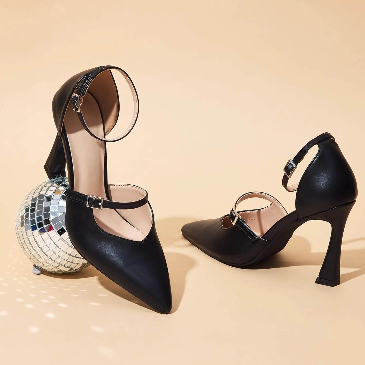 GENSHUO Women's High Heels Closed Toe D'Orsay Stiletto Pointed Toe 3.54 Inch Pumps with Ankle Strap Dress Shoes at Wedding Party Prom Work Dating