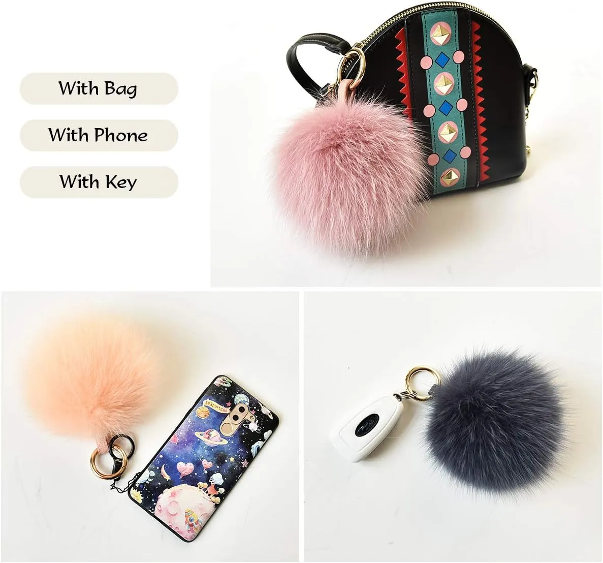 Genuine Fox Fur Pom Pom Keychain Bag Purse Charm large Fluffy Fur Ball Keychains