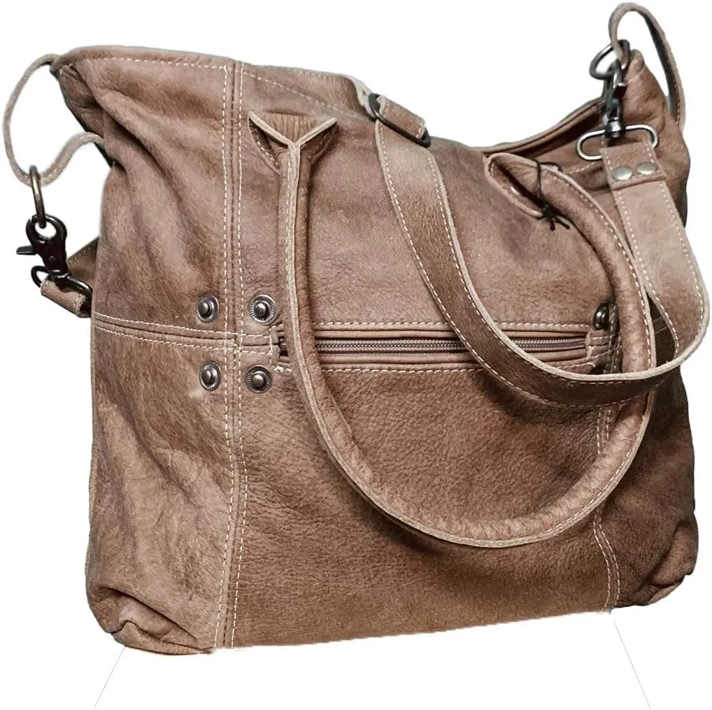 Genuine Leather Crossbody Bag with Contrast Stitching and Pocket