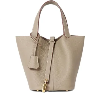 Genuine Leather Handbag Lock Design Bucket Bag Vegetable Basket Fashionable Versatile Shoulder Handbag