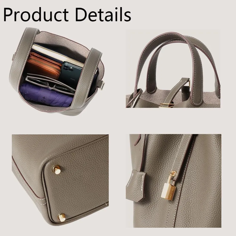 Genuine Leather Handbag Lock Design Bucket Bag Vegetable Basket Fashionable Versatile Shoulder Handbag