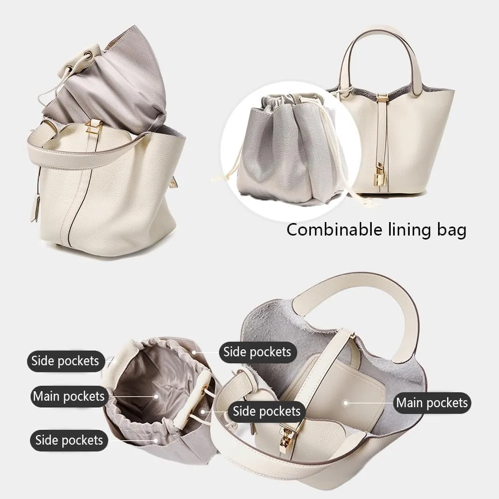 Genuine Leather Handbag Lock Design Bucket Bag Vegetable Basket Fashionable Versatile Shoulder Handbag