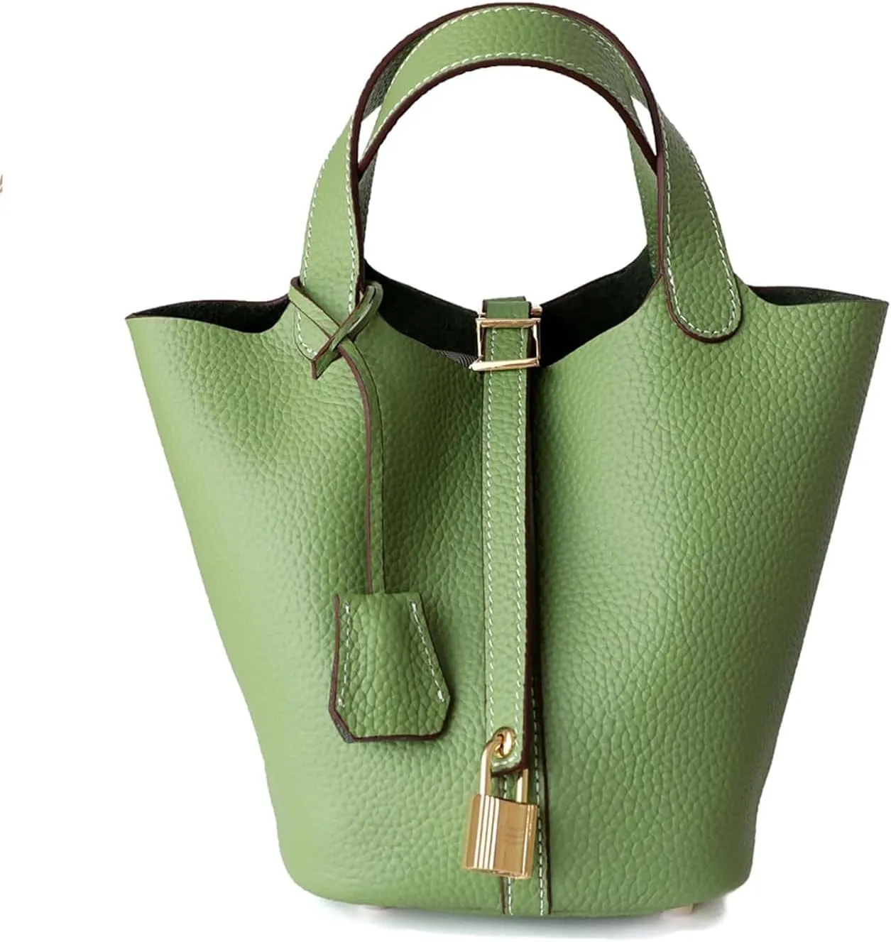 Genuine Leather Handbag Lock Design Bucket Bag Vegetable Basket Fashionable Versatile Shoulder Handbag