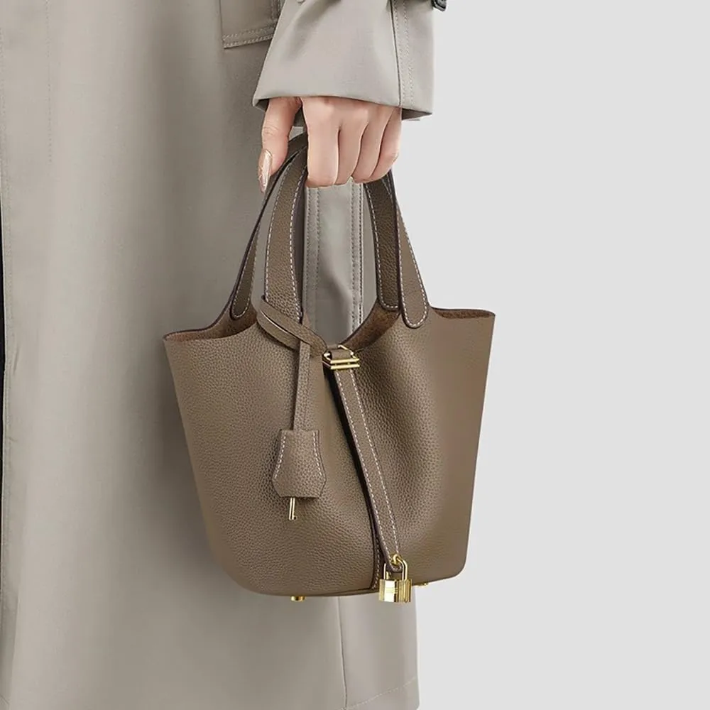 Genuine Leather Handbag Lock Design Bucket Bag Vegetable Basket Fashionable Versatile Shoulder Handbag