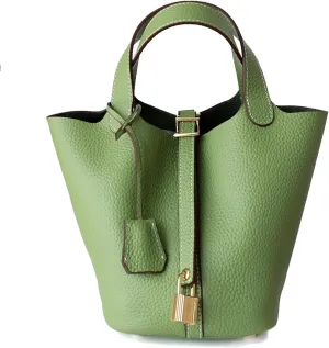 Genuine Leather Handbag Lock Design Bucket Bag Vegetable Basket Fashionable Versatile Shoulder Handbag