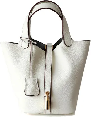 Genuine Leather Handbag Lock Design Bucket Bag Vegetable Basket Fashionable Versatile Shoulder Handbag