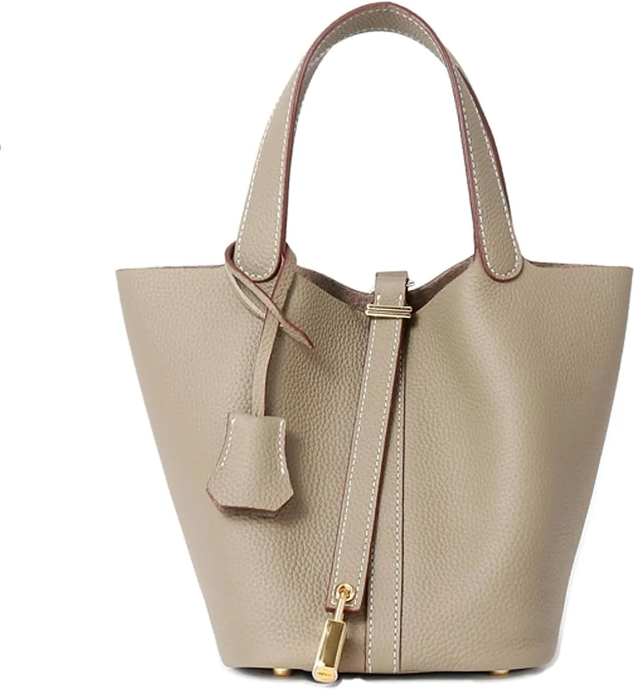 Genuine Leather Handbag Lock Design Bucket Bag Vegetable Basket Fashionable Versatile Shoulder Handbag