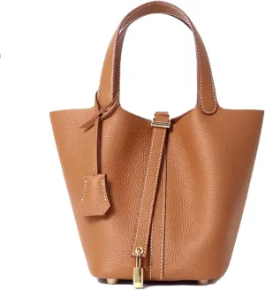 Genuine Leather Handbag Lock Design Bucket Bag Vegetable Basket Fashionable Versatile Shoulder Handbag