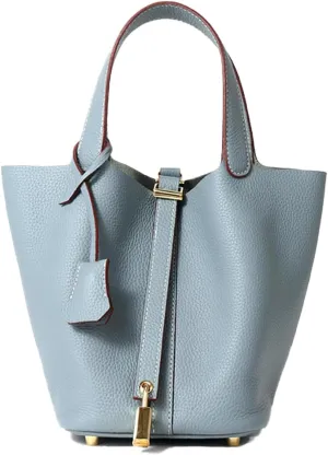 Genuine Leather Handbag Lock Design Bucket Bag Vegetable Basket Fashionable Versatile Shoulder Handbag