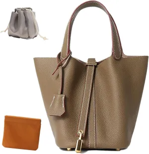 Genuine Leather Lock Design Bucket Bag Vegetable Basket, Fashionable and Versatile Shoulder Handbag