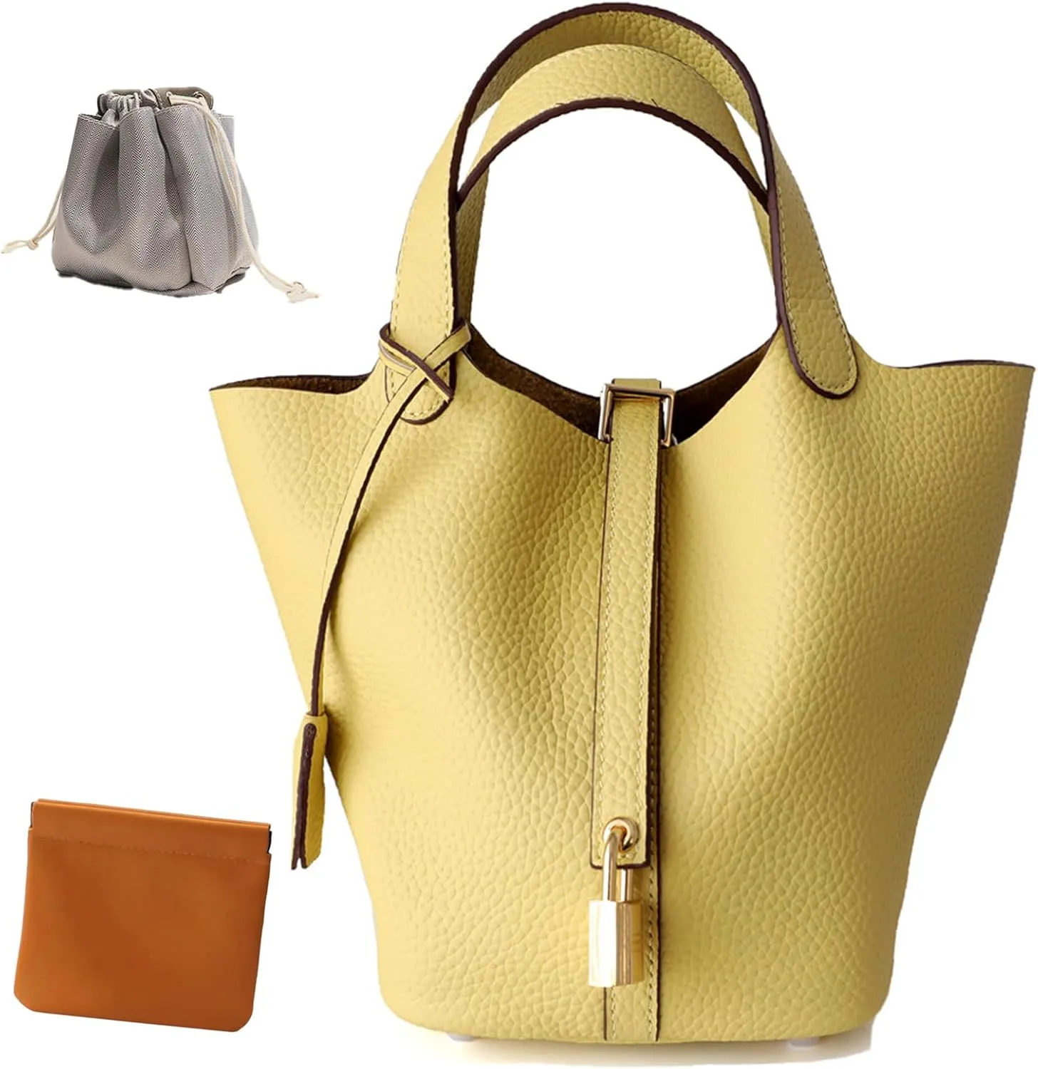 Genuine Leather Lock Design Bucket Bag Vegetable Basket, Fashionable and Versatile Shoulder Handbag