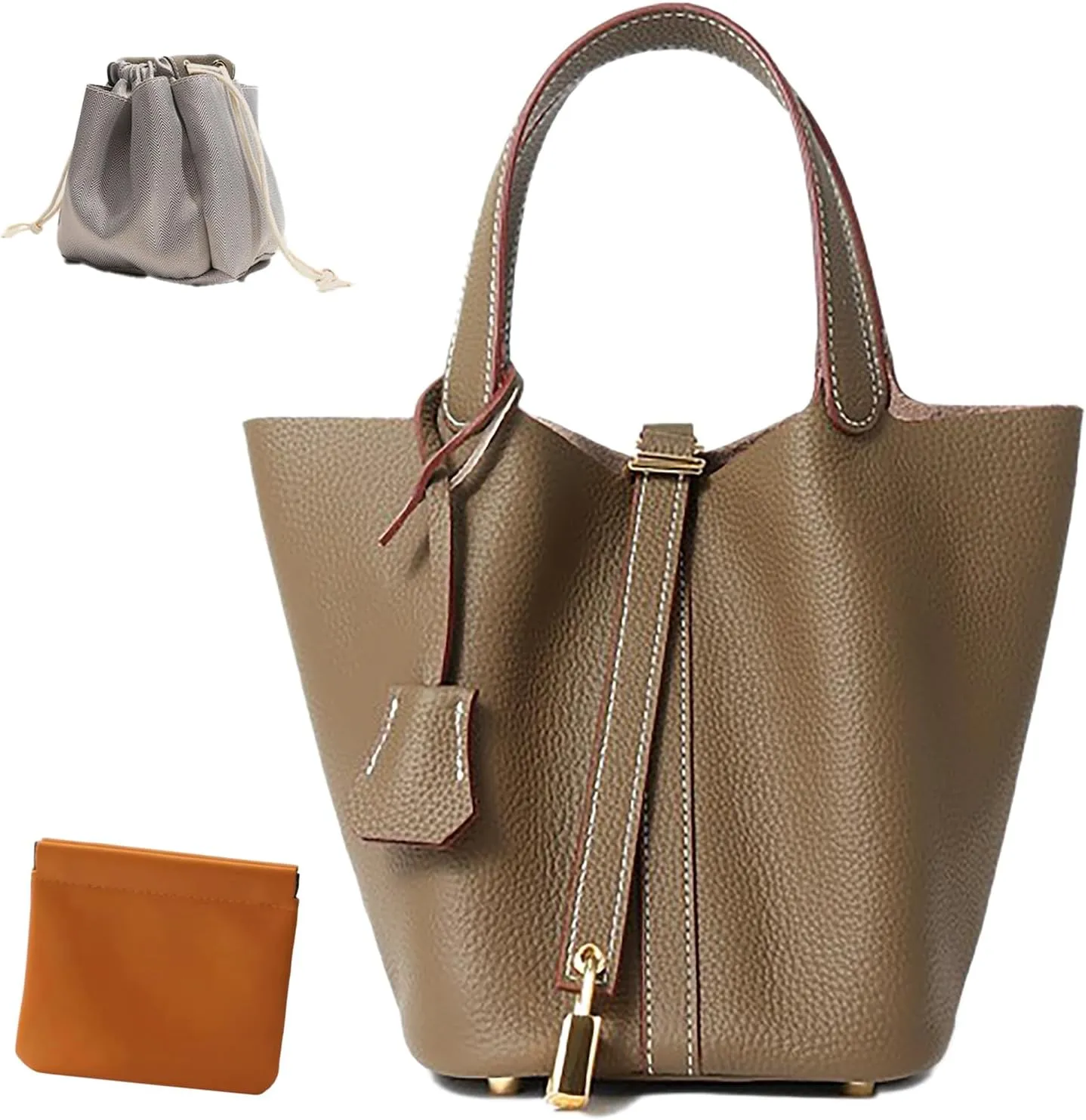 Genuine Leather Lock Design Bucket Bag Vegetable Basket, Fashionable and Versatile Shoulder Handbag