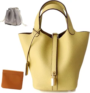 Genuine Leather Lock Design Bucket Bag Vegetable Basket, Fashionable and Versatile Shoulder Handbag