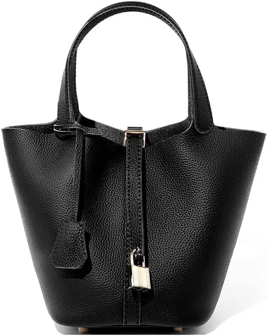 Genuine Leather Lock Design Bucket Bag Vegetable Basket for Women, Ladies' Versatile Shoulder Handbag