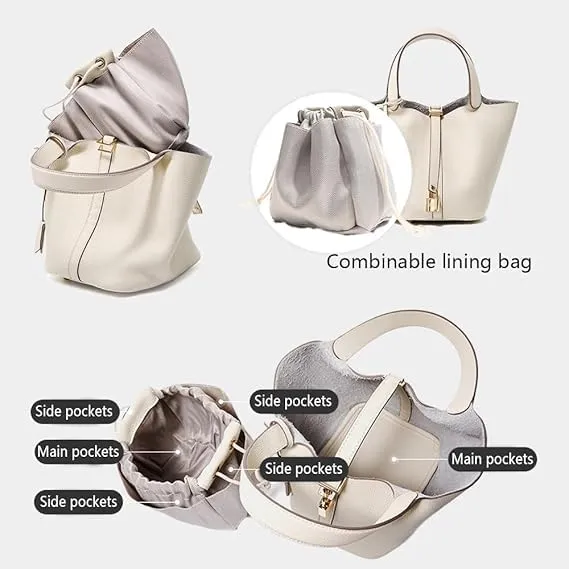 Genuine Leather Lock Design Bucket Bag Vegetable Basket for Women, Ladies' Versatile Shoulder Handbag